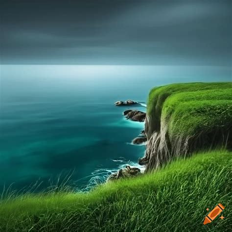 Grassy Land Overlooking Ocean With Grey Skies And Large Rocks In A Fantasy Setting On Craiyon