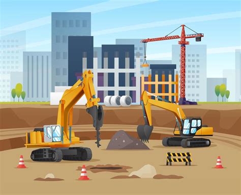 Construction Site Concept With Excavators And Material Equipment Cartoon Illustration 6607735