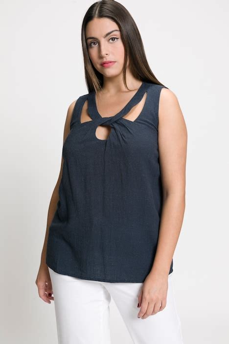 Draped Keyhole Round Neck Linen Blend Tank Blouse Navy Blue Ulla Popken