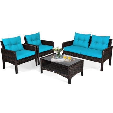 Gymax 4pcs Rattan Patio Furniture Conversation Set Cushioned Outdoor