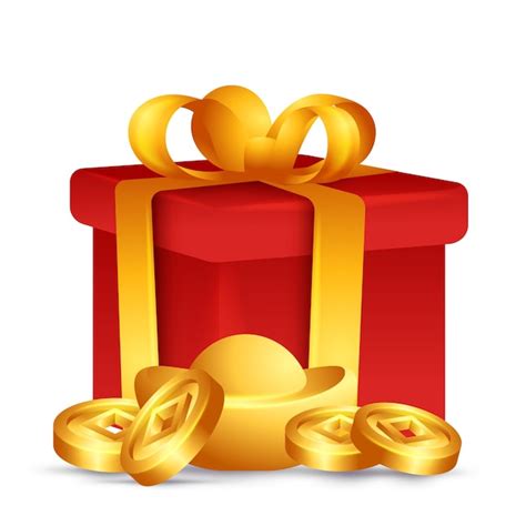 Premium Vector Red Gift Box With Golden Ingots And Coins Vector