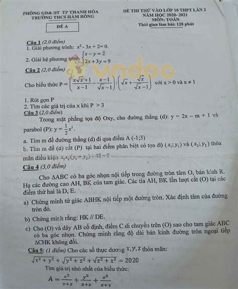 Đề thi thử vào lớp 10 môn Toán Trường THCS Hàm Rồng, Thanh Hóa năm 2021 ...