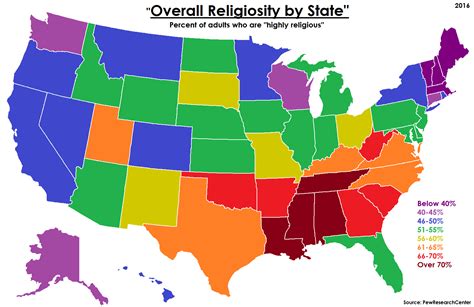 Overall religiosity by U.S. State - Vivid Maps