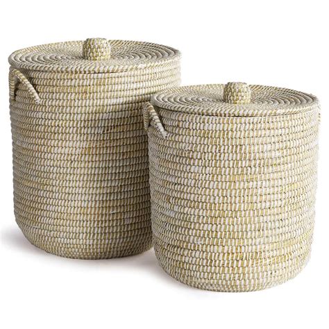 Elias French Country White Seagrass Hamper Basket With Lids Set Of 2