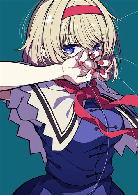 Safebooru 1girl Absurdres Alice Margatroid Arm Up Bangs Blonde Hair Blue Background Blue Dress