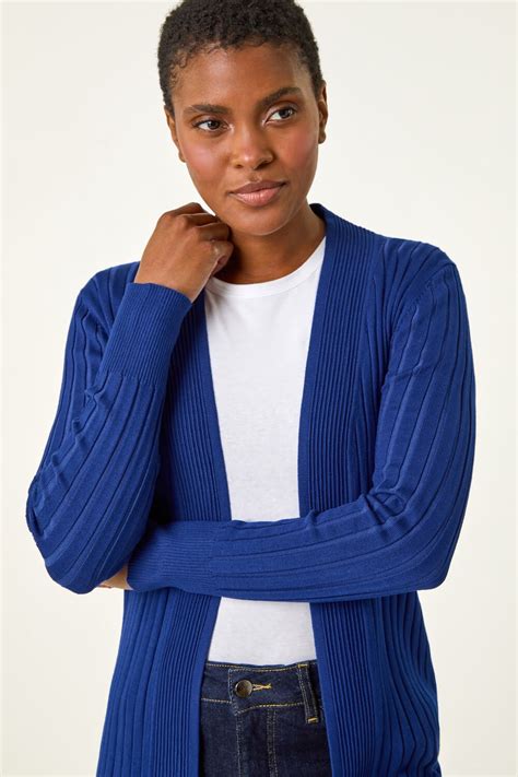 Royal Blue Longline Stretch Ribbed Cardigan Roman Uk