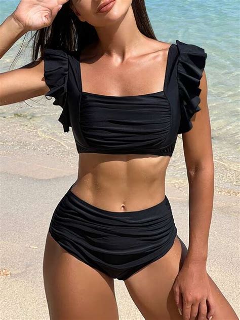 SHEIN Swim Chicsea Ruffle Trim Ruched High Waisted Bikini Swimsuit