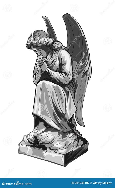 Crying Praying Angel Sculpture With Wings Monochrome Illustration Of