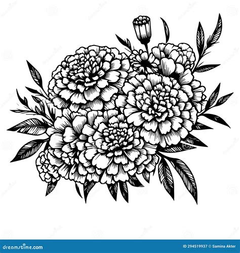 Topical Marigold Flower Line Drawing Marigold Vector Sketch Line Art