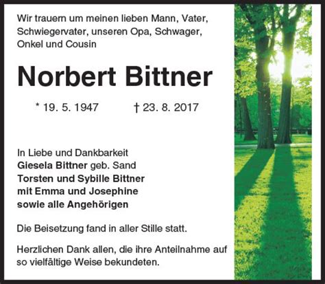 Traueranzeigen Von Norbert Bittner Vrm Trauer De