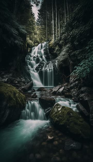 Una Cascada En El Bosque Con Un Fondo Verde Foto Premium