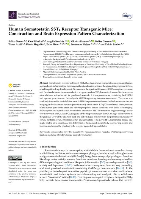 PDF Human Somatostatin SST4 Receptor Transgenic Mice Construction