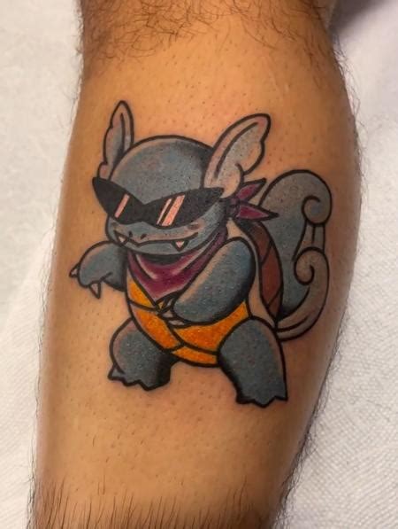 Traditional Style Classic Sunglasses Wartortle Pokemon Calf Tattoo By