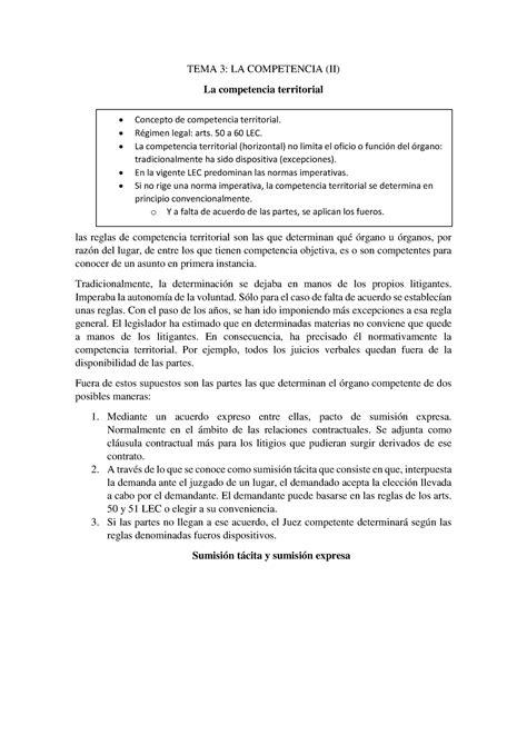 TEMA 3 Apuntes De Clase Tema 3 Proce 1 La Competencia II Derecho