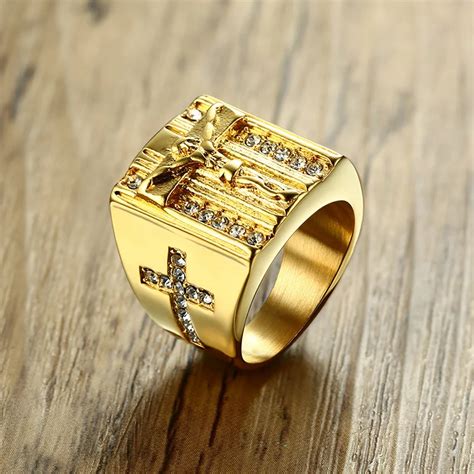 Men Rings Titanium Steel Gold Color Cross Jesus Mens Rings Male Cz