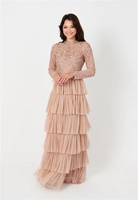 Maryisa Embellished Sequins Modest Robe De Cocktail Taupe Blush