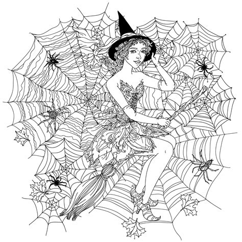 Halloween Sorciere Dans Toile D Areignee Halloween Coloriages