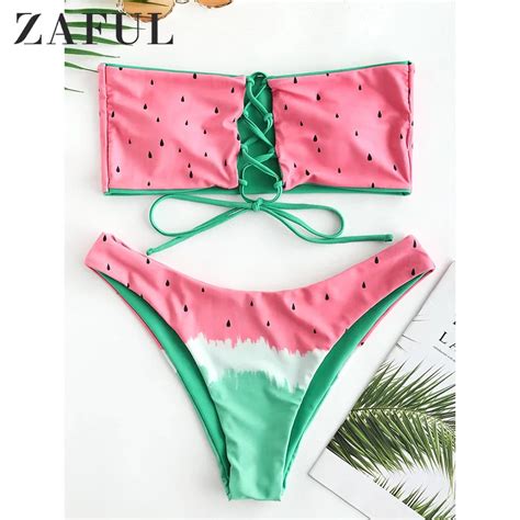 Zaful Biquini Frauen Schwimmen Anzug Spitze Up Wassermelone Drucken