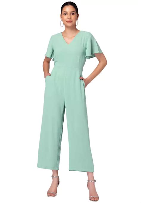 Faballey Light Green Textured Flared Sleeve Jumpsuit With Attached Belt