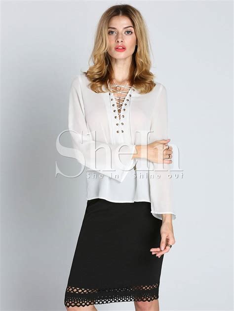 White Long Sleeve Lace Up Blouse Sheinsheinside