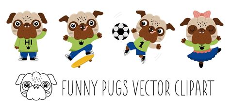 Vector Cartoon Pugs Set Anthropomorphic Dogs Doing Sports Funny Pup