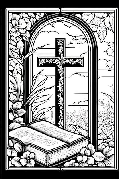 Premium AI Image | Coloring page for adults cross and open bible greyscale