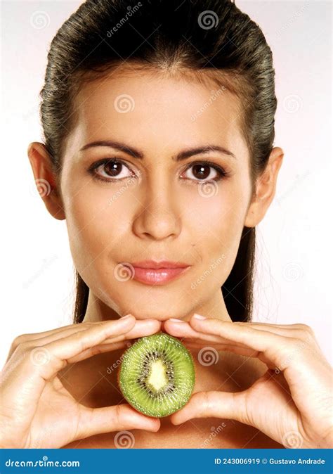 Young Woman Kiwi Fruit Holding Portrait Stock Image Image Of People