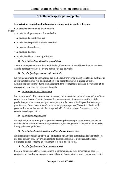 Fichette Sur Les Principes Comptables Connaissances Générales En