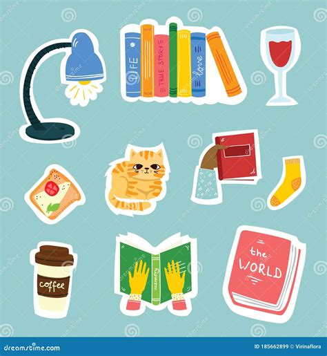 Read Books Stickers Collage Bookshelf Book Pile Love Reading Handwritten Phrase Stock Vector