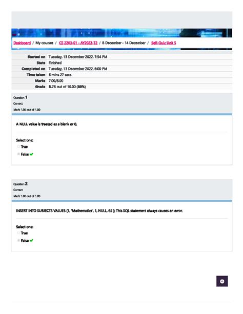 CS 2203 01 Databases 1 AY2023 T2 Self Quiz Unit 5 Dashboard My