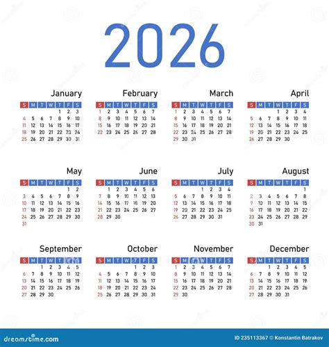 Calendrier Français Pour 2026 La Semaine Commence Le Dimanche