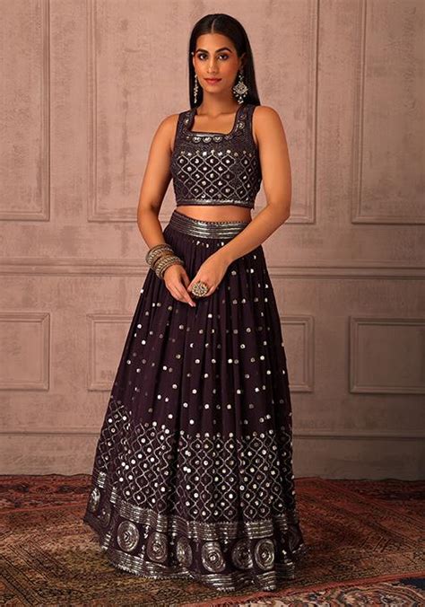 Buy Women Wine Sequin Embroidered Lehenga Set With Blouse And Dupatta