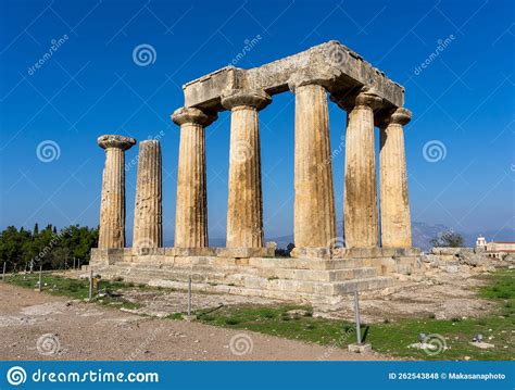 View of the Temple of Apollo in Ancient Corinth in Southern Greece ...