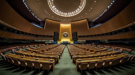 Unite Nation An Empty Hall At The United Nations With Chairs And A