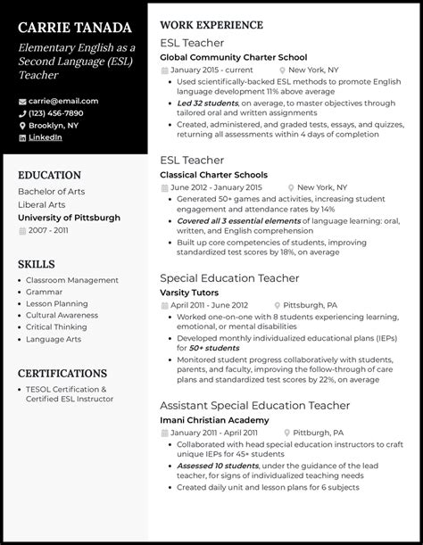 Esl Teacher Resume Examples Builtfor The Job In