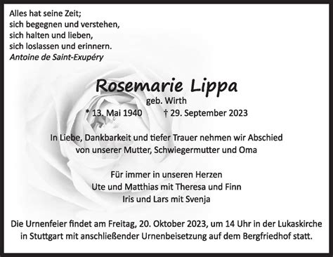 Traueranzeigen Von Rosemarie Lippa Stuttgart Gedenkt De