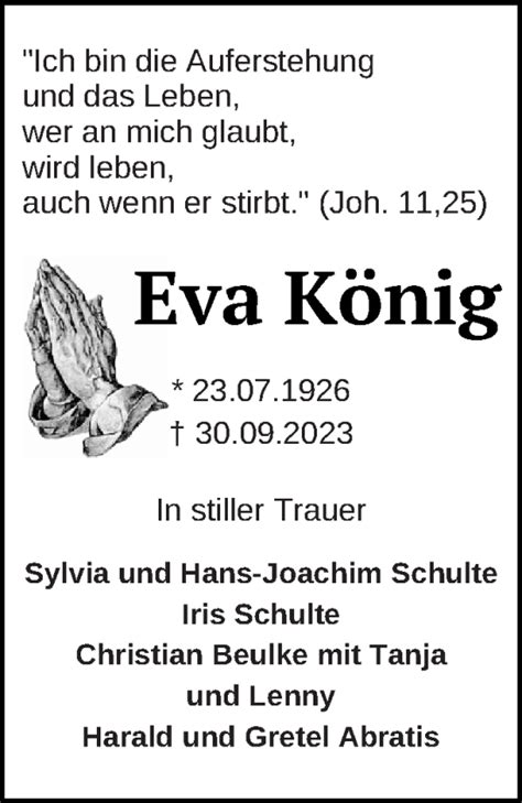 Traueranzeigen von Eva König Trauer Nordkurier