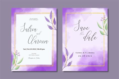 Carte D Invitation De Mariage Violet Avec Bordure De Feuille Aquarelle