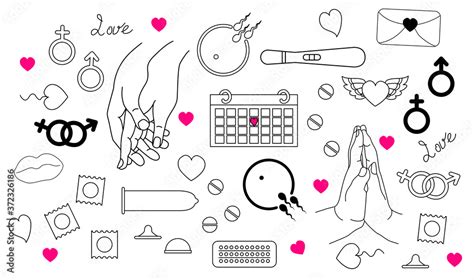 Contraception Set Of Contour Drawings About Safe Sex And Love