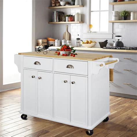 White Natural Wood 52 in. Kitchen Island with Storage for Living Room ...