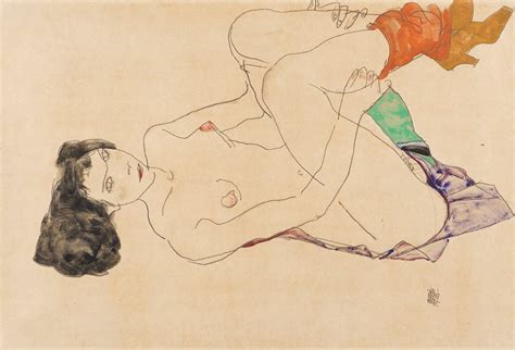 Lying Female Nude With Legs Pulled Up By Egon Schiele