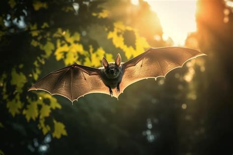 Une Chauve Souris Vole Devant Un Arbre Avec Le Soleil Qui Brille Sur