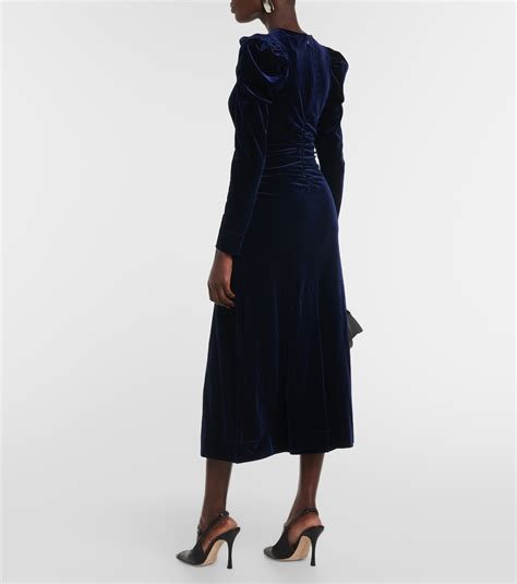 Ruched Velvet Midi Dress In Blue Ganni Mytheresa