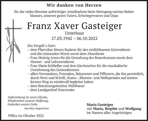 Traueranzeigen Von Franz Xaver Gasteiger Trauer Merkur De