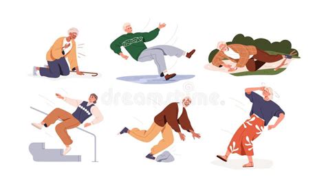 Old People Fall Down Set Senior Men Women Falling Slipping Sliding