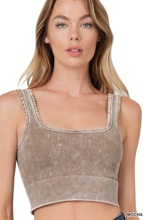 Washed Ribbed Square Neck Cropped Tank Top 14 Colors