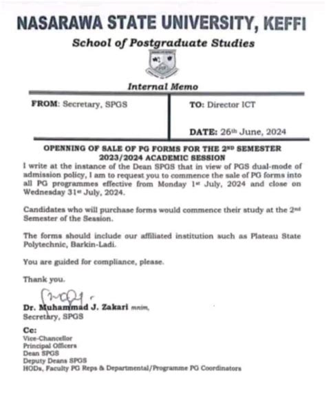 Nasarawa State University Keffi Announces Sale Of Postgraduate Forms