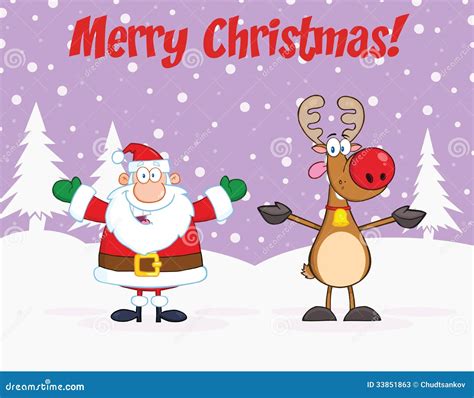 Merry Christmas Greeting With Santa Claus And Reindeer Stock Photos