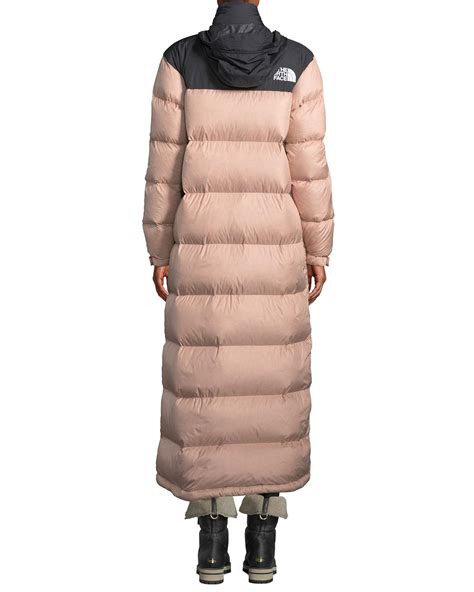 The North Face Goose Nuptse Long Duster Puffer Coat W Packable Hood In