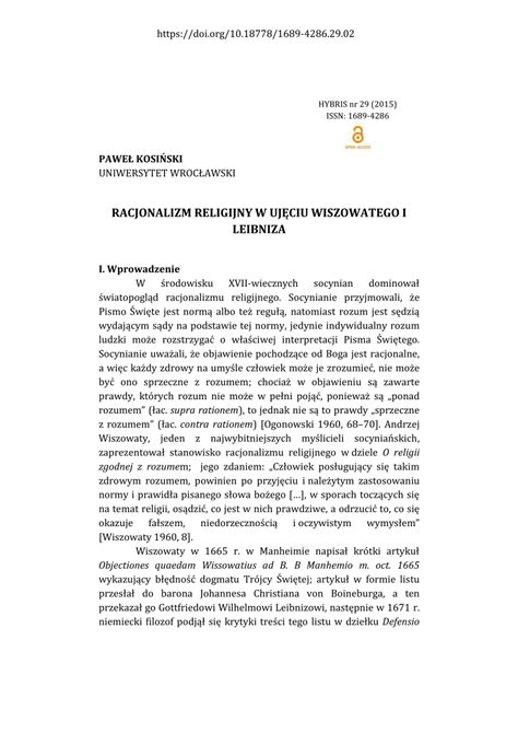 Pdf Racjonalizm Religijny W Uj Ciu Wiszowatego I Leibniza